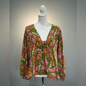 Green Michelle McDowell Retro Print Blouse Size L EUC
